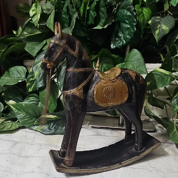 Vintage Carved Wooden Hammered Brass Rocking Horse Decor - Picture 2 of 12